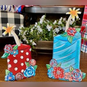 Patriotic Plaid and Star Set of 2 Garden Decor Polka Dot and Stripe